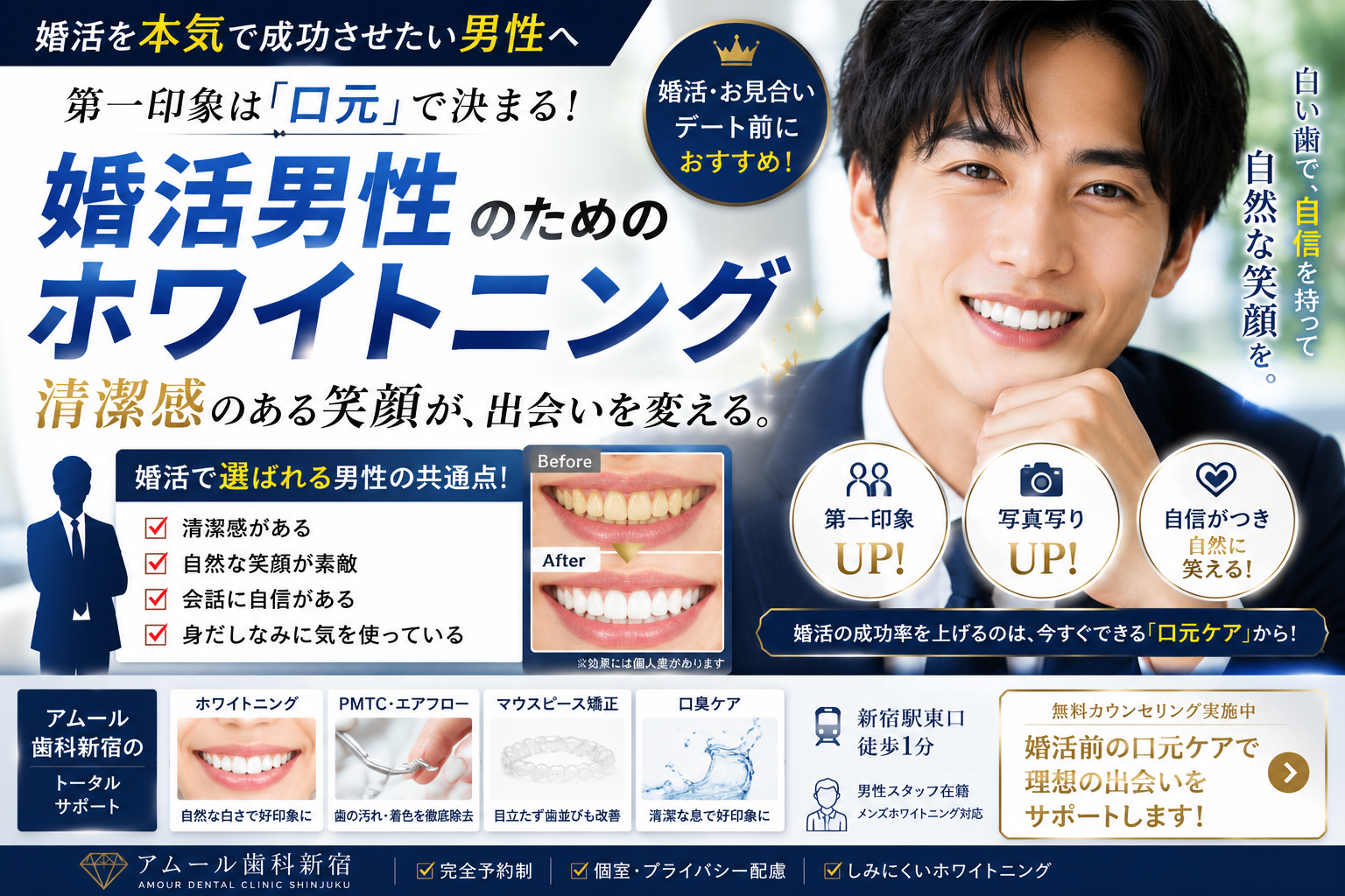 婚活男性必見！ホワイトニングで第一印象アップ｜清潔感のある笑顔が出会いを変える【アムール歯科新宿】