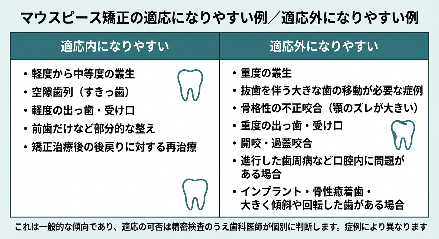 マウスピース矯正が「できない例」の全体像(適応外になりやすい歯並び)